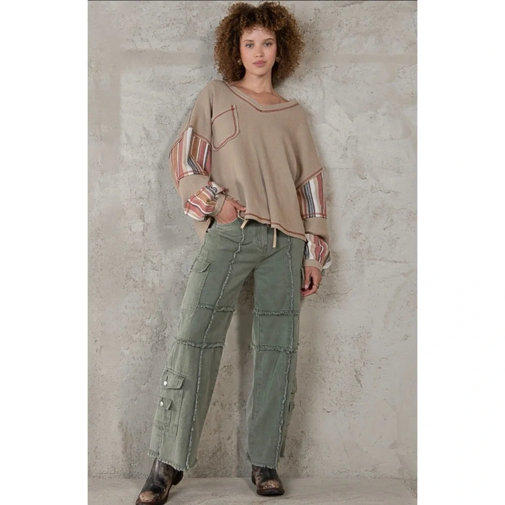 POL Army Green Frayed Edge Utility Jeans Relaxed Fit - Picture 13 of 14